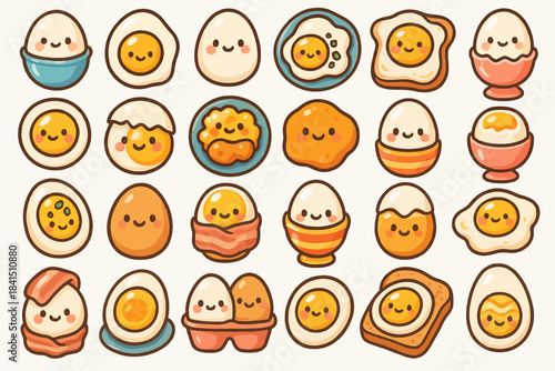 Cute kawaii egg cartoon illustrations with various expressions