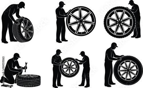 Set of Black Mechanic Silhouettes Working on Car Tires and Wheels, Isolated for Auto Repair Service Icons