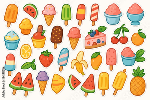 Colorful ice cream and fruit themed stickers featuring popsicles and desserts