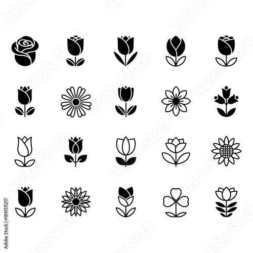 Collection of Silhouetted Flower Icons for Design and Decoration