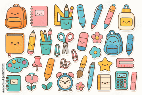 Cute kawaii school supplies with smiling faces on stationary items