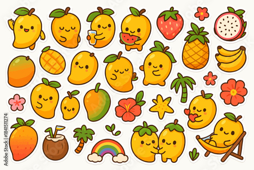 Cute kawaii mango stickers with tropical fruits and fun expressions