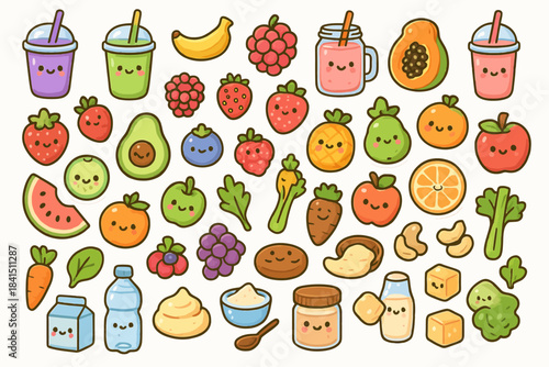 Cute kawaii fruits and vegetables with smiling faces in a colorful cartoon style
