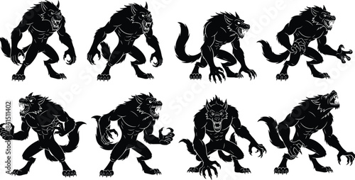 Set of Black Werewolf Silhouettes, Ferocious Monster Poses Isolated on White, for Horror and Halloween Design