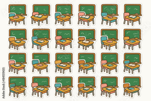 Classroom layout with desks and chalkboards in repetitive pattern