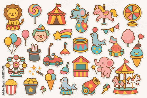 Colorful circus and carnival sticker set with animals and attractions