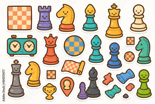 Colorful cartoon chess pieces and accessories for fun strategy games