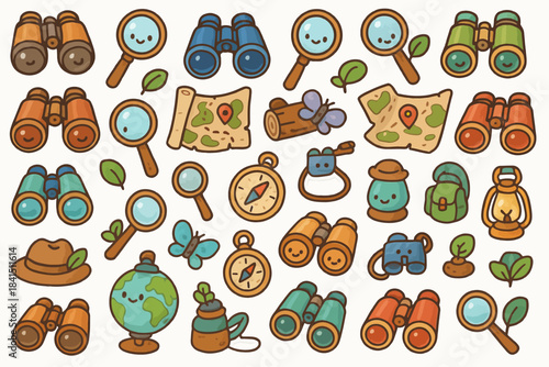 Cute adventure icons with binoculars, maps, and camping gear