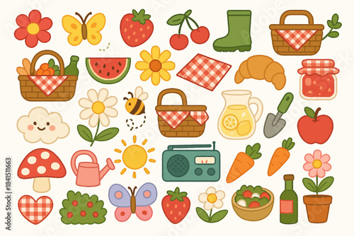 Colorful picnic elements and nature icons in whimsical style