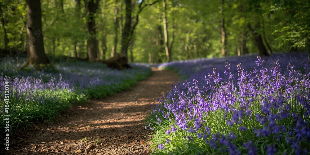 Naklejka premium Green forest scene with sunlit wild bluebell flowers, seasonal change