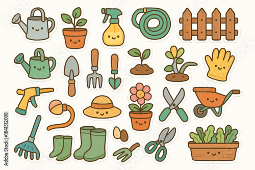 Cute gardening tools and plants stickers with smiley faces