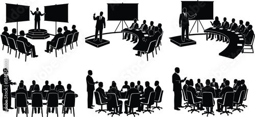 Set of Business Meeting and Presentation Silhouettes, Professional Speakers and Audiences Isolated for Corporate Conference Icons