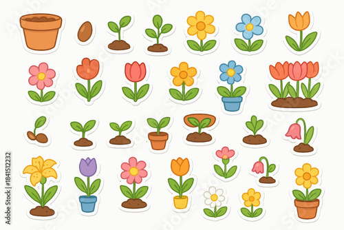 Colorful cartoon flowers and gardening elements in various stages of growth