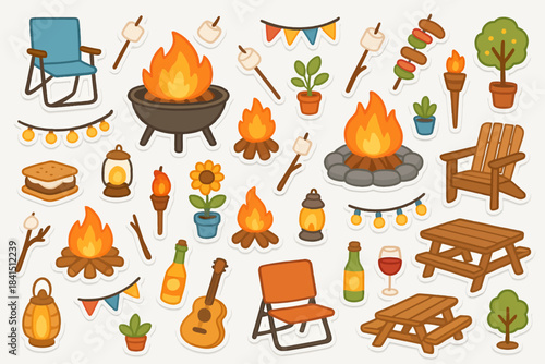 Cozy camping elements including bonfire, marshmallows, guitar, and picnic tables