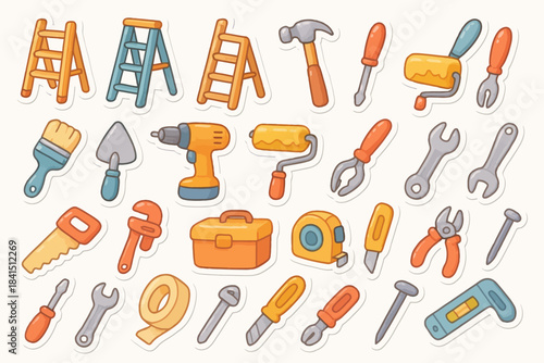 Collection of cartoon construction tools stickers: drills, hammers, wrenches, and more