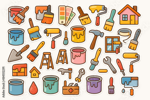 Colorful home improvement icons: paint cans, brushes, tools, and more
