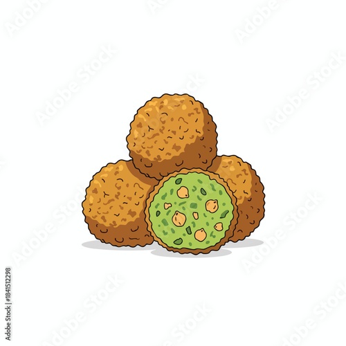 Four crispy falafel, one cut open to show green interior with chickpeas