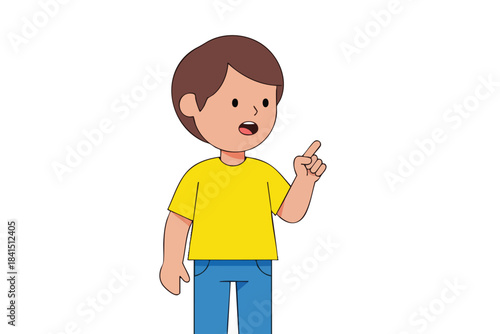 Cartoon boy in yellow shirt, blue pants, pointing finger while speaking