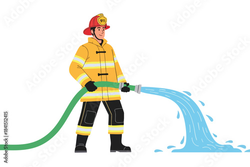 Smiling firefighter in yellow gear holding hose, spraying water
