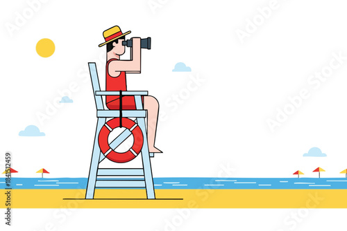 Lifeguard on chair observing beach with binoculars, lifebuoy, sun, sea