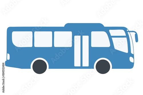 Flat blue city bus vector illustration with white windows and wheels