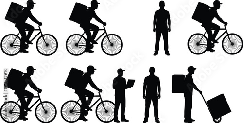 Set of Delivery Man Silhouettes, Courier Riding Bike and Pushing Cart, Isolated for Food and Package Service Icons
