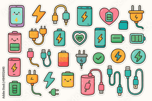 Colorful cartoon tech icons: batteries, cables, devices, and symbols