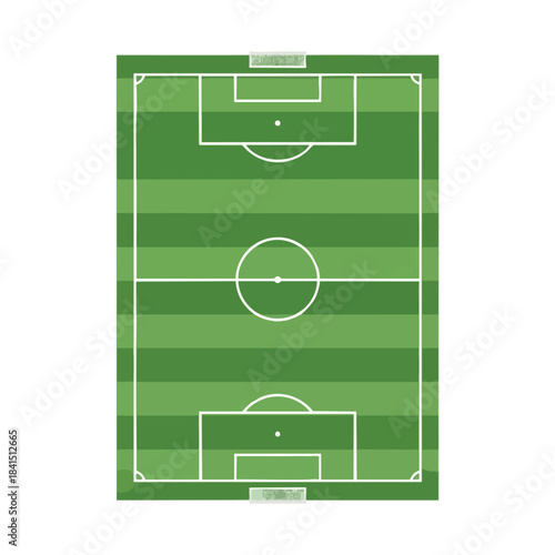Top view of a green soccer field with white lines and goal