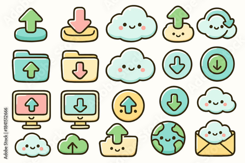 Cute cloud and arrow icons for file transfer and storage