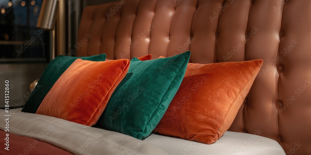 Naklejka premium Close-up of emerald and orange pillows on a bed with a leather quilted headboard, interior design details, World Sleep Day