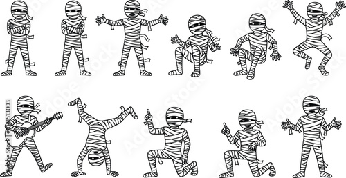 Set of Funny Cartoon Mummy Outlines, Cute Halloween Monster Characters Posing and Dancing, Isolated for Kids Party Graphics