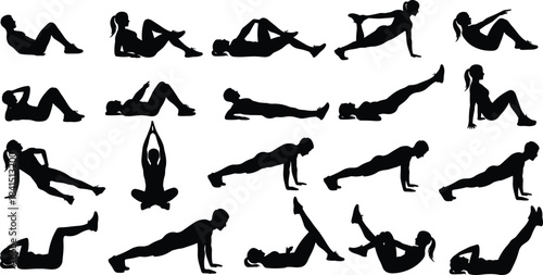 Black Silhouette Vector Set of Women Exercising for Fitness, Yoga, Pilates, and Gym Workout Routines, Showing Various Core Strength and Full Body Postures