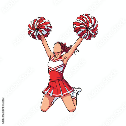 Cheerful cheerleader in red and white uniform jumps with pom-poms