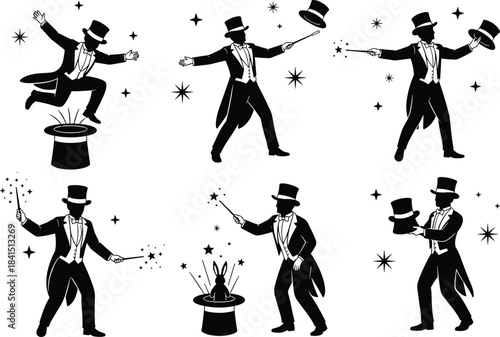 Set of Magician Silhouettes in Tuxedos with Magic Wands and Top Hats, Isolated for Entertainment and Performance Icons