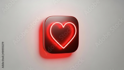 a vibrant glowing red neon heart icon is centered on a dark rounded square casting a soft red glow on a neutral gray background high quality