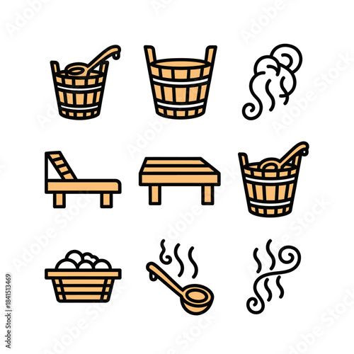 Colorful icon set of wooden sauna accessories, including buckets, ladles, benches, and steam elements in a filled line art style.