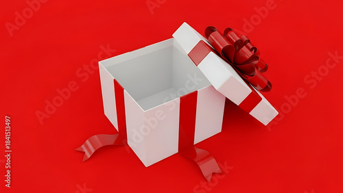 an open white gift box with a red ribbon and bow is displayed against a vibrant solid red background symbolizing celebration and anticipation high quality professional