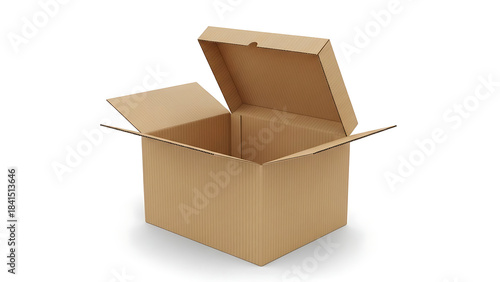 an open empty cardboard box is prominently displayed against a stark white backdrop suggesting packaging shipping or storage concepts high quality professional detailed modern elegant stylish