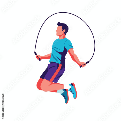 A man in athletic wear jumps, skipping rope mid-air in a flat illustration