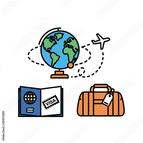 Colorful line art travel icon set featuring a globe, airplane flight path, open passport with visa, and luggage.