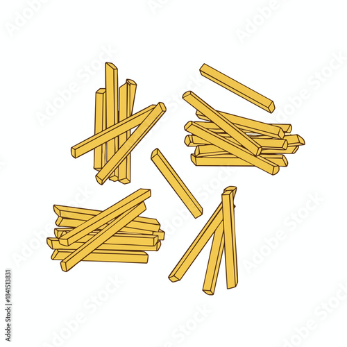 Four piles of golden potato fries, scattered on a white background