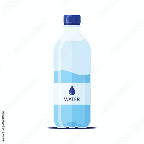 Clear plastic bottle filled with blue liquid, labeled "WATER