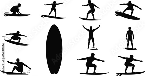 Black Silhouette Surfers Riding Waves Surfboard Graphics Kit Vector Pack Isolated Collection Set of People on Boards for Ocean Water Sports Action Background Elements