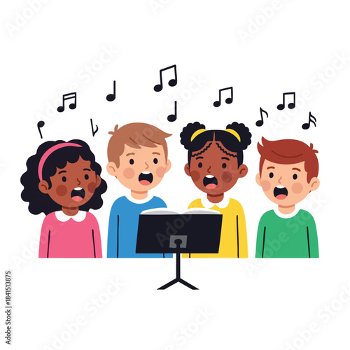 Four diverse children singing together in choir with music notes