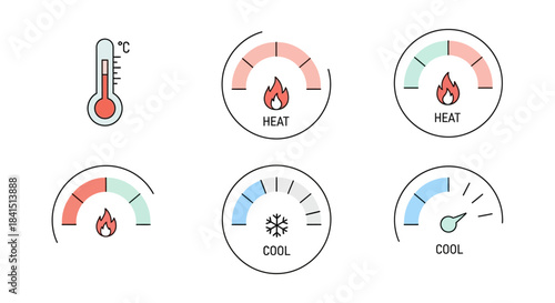 Colorful line art temperature gauges and thermometer icons displaying heat and cool levels, with flame and snowflake symbols.