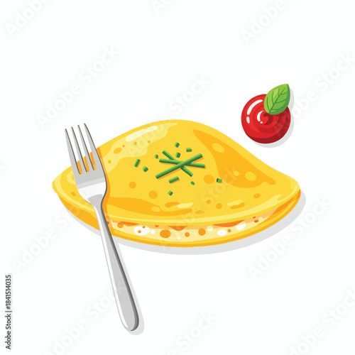 Delicious fluffy omelet with chives, fork, and dollop of red sauce