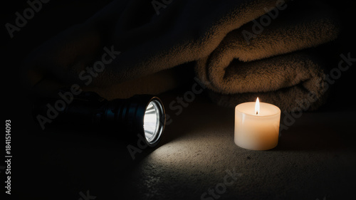 Flashlight and candle beside blanket in dark room during winter blackout
