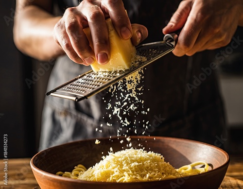 Close up of hands grating hard yellow cheese onto pasta in a rustic wooden bowl with dramatic lighting