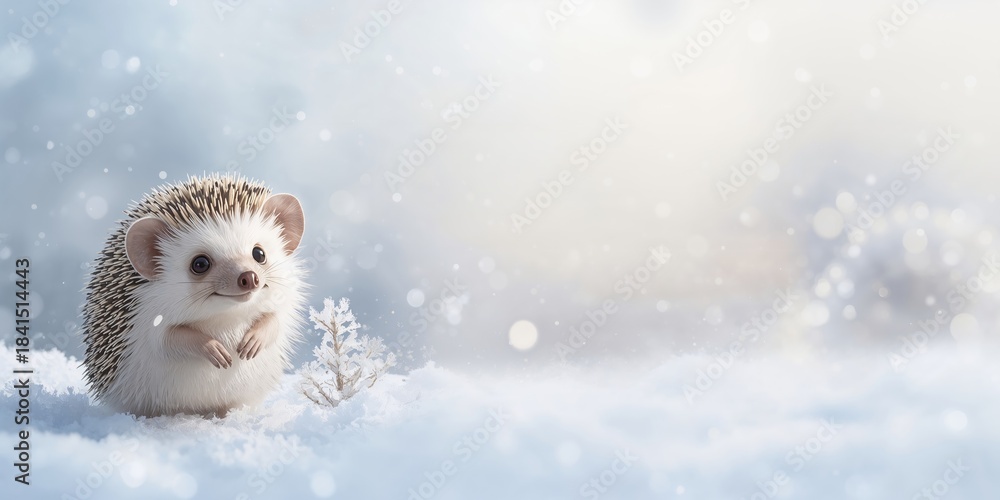 Fototapeta premium Large white albino hedgehog with big ears on a snowy winter background, highlighting wildlife awareness day