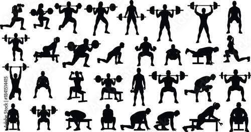 Bodybuilding and Fitness Training Silhouettes Collection: Weightlifting, Squats, Lunges, Bench Press, Workout Poses for Gym, Exercise, Health, and Sport Concepts, Vector Isolated Set of Athletes.